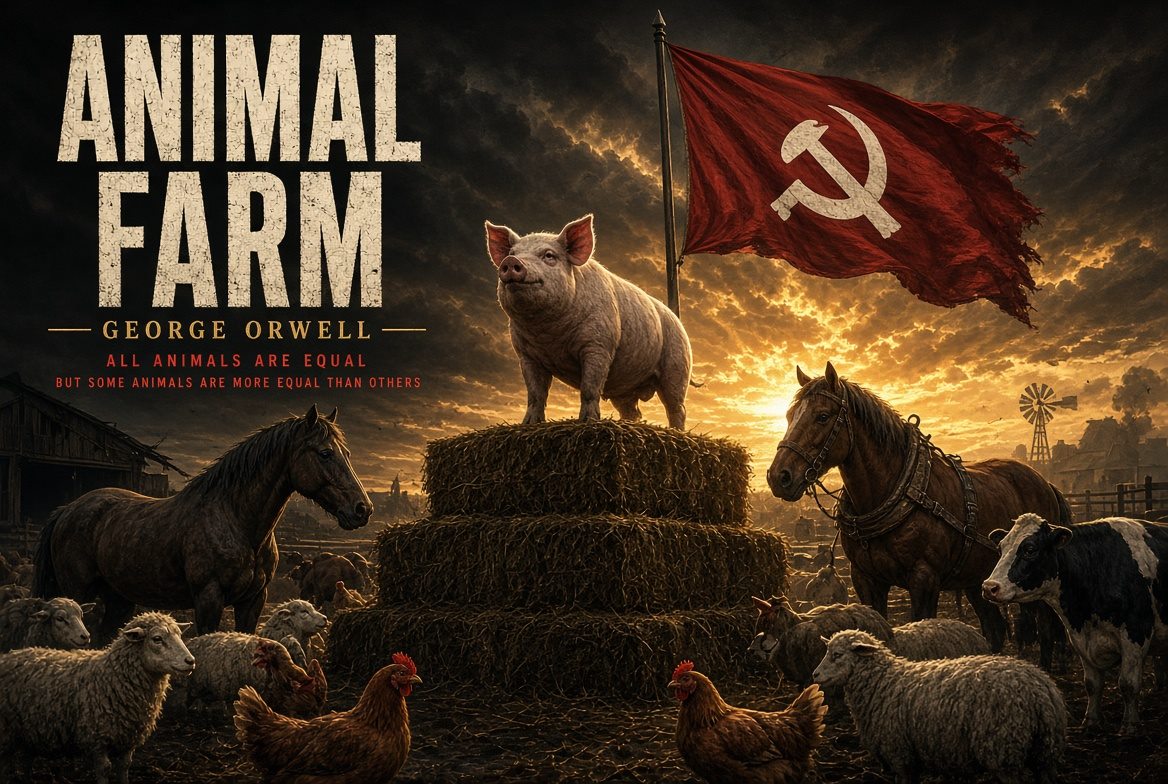A pig stands on a stack of hay bales under a tattered red flag, with horses, a cow, sheep and hens around it, as storm clouds break into a golden sunset over the farm.